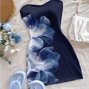 SHEIN Strapless Navy Blue Floral Dress